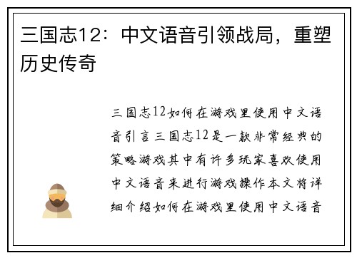三国志12：中文语音引领战局，重塑历史传奇